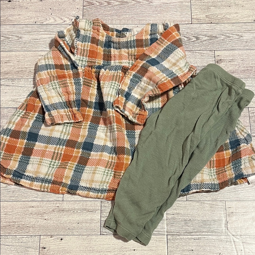 Angel Dear Matching Set Plaid Top with Ribbed Olive Leggings Size 6-12 Months